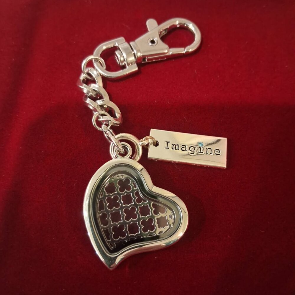 New, Floating Heart Locket Keychain, with heart cut out plate and imagine charm